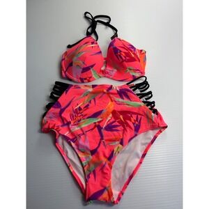 Women’s Tropical Pink High-Waist Bikini Set with Black Straps